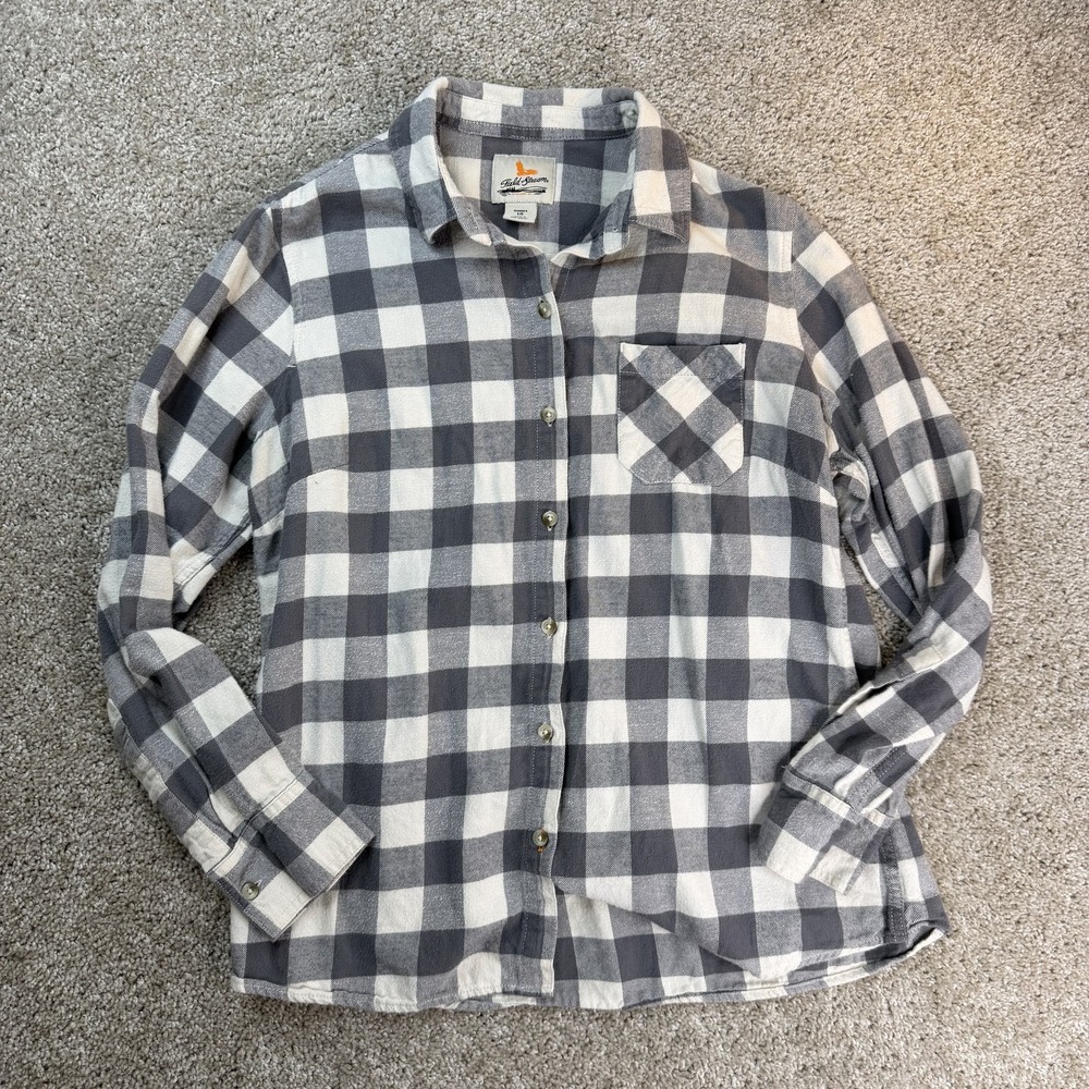 Field & Stream Shirt Womens L Gray White Check Flannel Button Up Top Casual